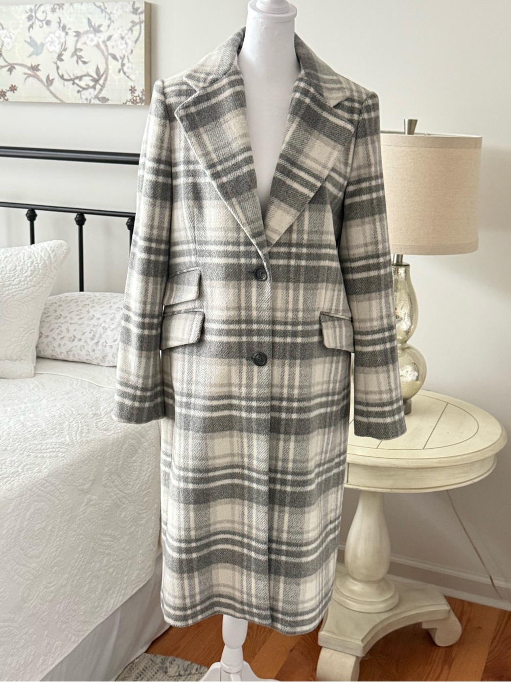Lauren Ralph Lauren gray, and white plaid wool blend reefer coat.